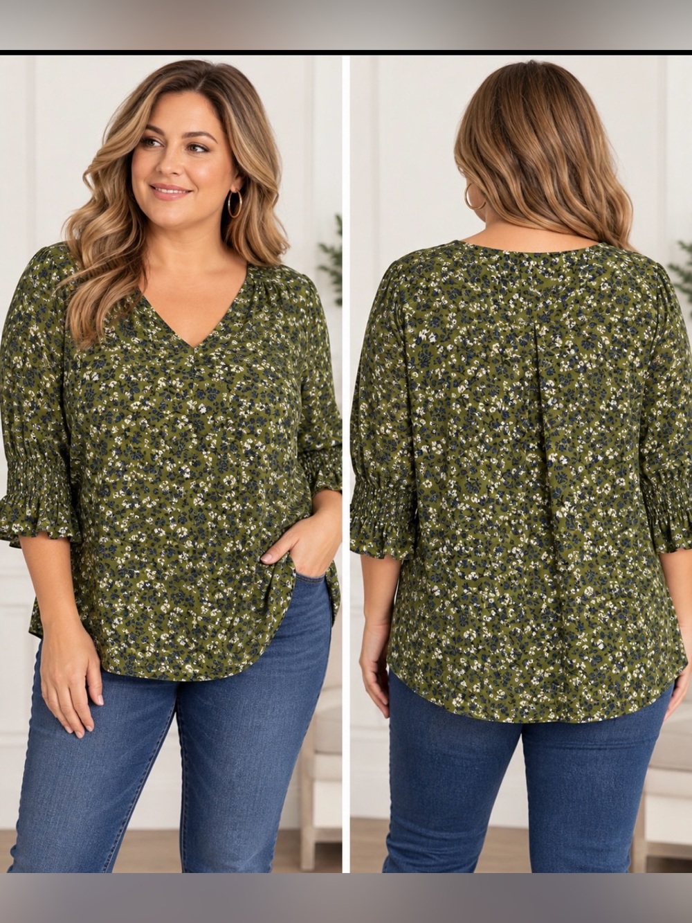 JNY Jones New York 3X Olive Green Floral Ruffle Sleeve Blouse Top